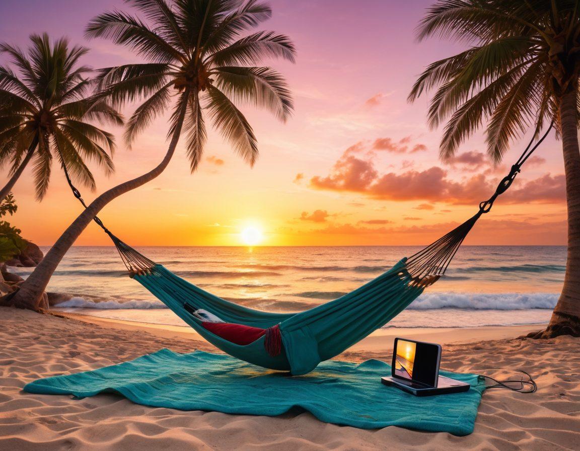A serene beach scene featuring a hammock draped between two palm trees, with luxurious electronic gadgets like a tablet, noise-canceling headphones, and a portable charger placed elegantly on a nearby luxurious beach towel. In the background, soft waves lap at the shore under a vibrant sunset sky, creating a peaceful and tech-savvy relaxation atmosphere. super-realistic. vibrant colors. tranquil beach setting.