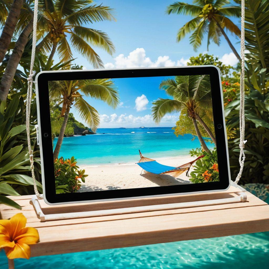 A breathtaking travel scene featuring a sleek tablet displaying stunning landscapes and travel itineraries, surrounded by lush greenery and a tranquil beach setting. Incorporate elements like a hammock and tropical flowers in the background, suggesting relaxation and getaway vibes. Emphasize vibrant colors to highlight the tablet and the natural beauty around it. digital illustration. vibrant colors. tropical theme.