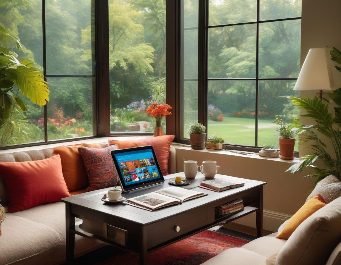 A luxurious home setting showcasing the latest tablets and gadgets, with a cozy couch, elegant decor, and a stylish coffee table filled with travel magazines. A vibrant window reveals a picturesque garden, suggesting both relaxation and adventure. The scene conveys a blend of technology and comfort, implying a staycation experience. super-realistic. vibrant colors. cozy ambiance.